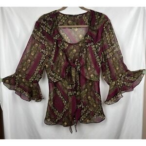 Flowy Fairy Retro Blouse Tie Front Ruffle Bell Sleeve Floral Paisley Maroon